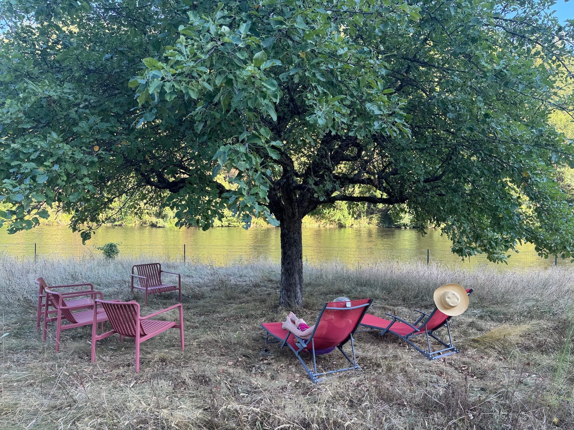 Transats et fauteuils rouges à l’ombre d’un pommier, au bord de la Truyère